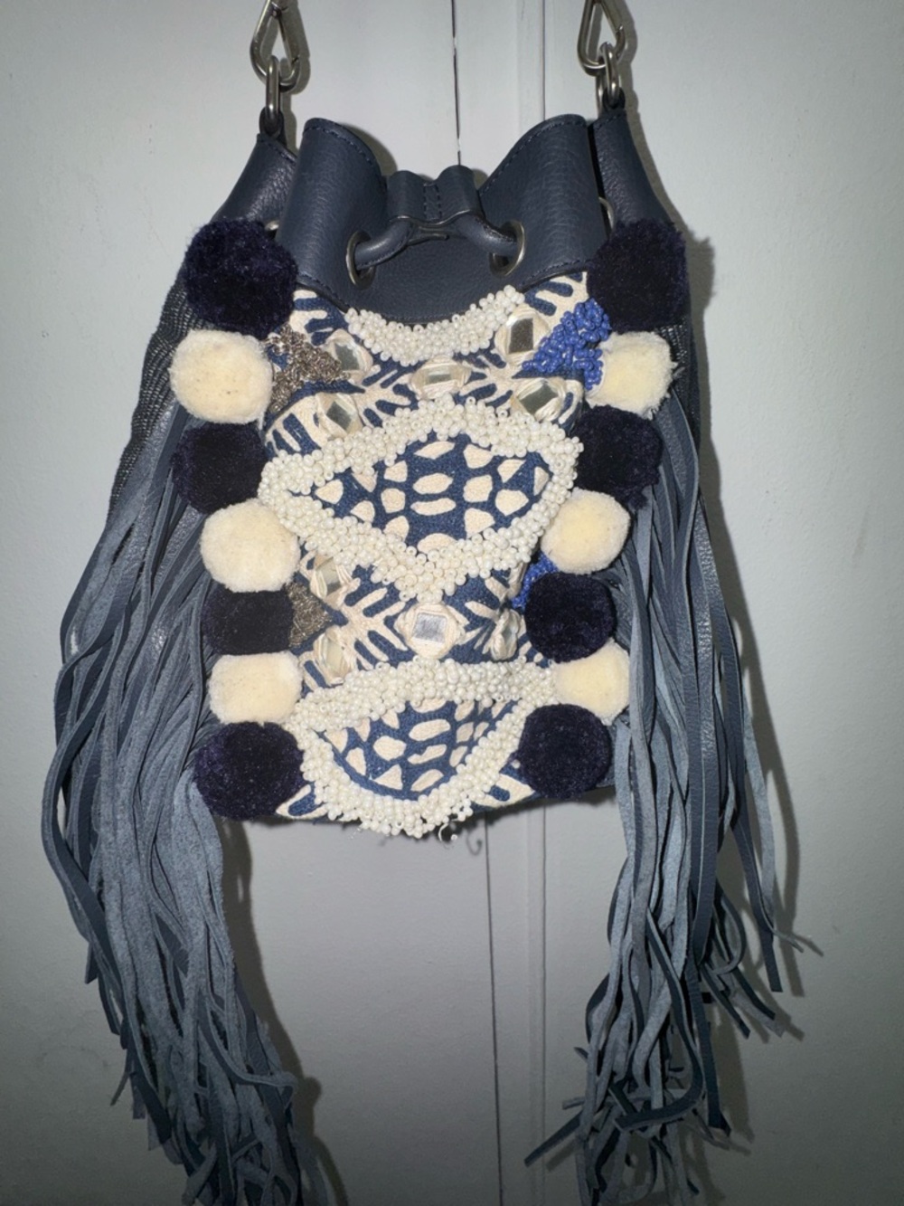 Rebecca Minkoff Grecian Boho Fringe Pom-Pom Bucket Bag in Navy and Cream
